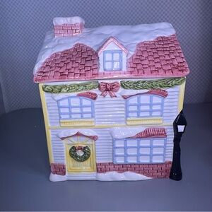 Christmas Village Earthenware Christmas Cookie Jar In‎ Original Box VTG